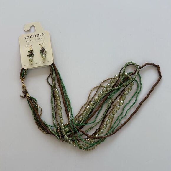 NWT Sonoma Boho beaded long necklace & earrings, earth tones green brown fairy - Picture 2 of 4